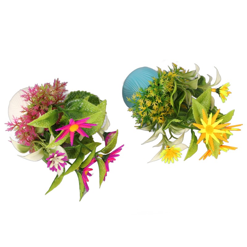2pcs Artificial Aquarium Plants Silicone Flowers Reusable Resin Pots Fish