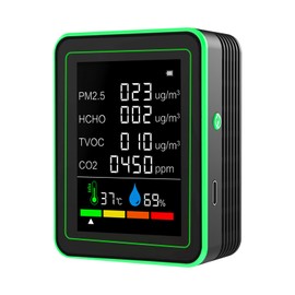 6-In-1 Air Quality Monitor Indoor, Air Pollution Monitor, CO2 Monitor Detector, Air Quality Sensor For Pm2.5, CO2, HCHO, TVOC, Temperature, Humidity, Real Time Data Recording