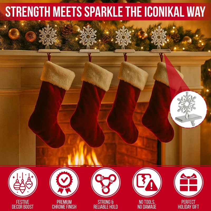Iconikal 4-Pack Stocking Holders Christmas Chrome Metal Snowflake Weighted for