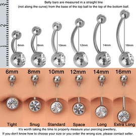 OUFER 14G Belly Button Piercing, Titanium, 8 mm 12 mm 14 mm 16 mm Bar Length, Long Short CZ Balls, Titanium Belly Button Piercing, Navel Bars, Silver, 1.6 mm Navel Ring, Women’s Men’s Gift Jewellery, Titanium