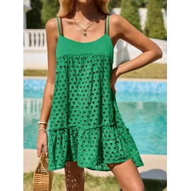 Saodimallsu Women Summer Swimsuit Cover Up Spaghetti Strap Eyelet Tie Back High Low Beach Coverup Cami Dress Green