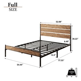 CXVX Full Size Metal Platform Bed Frame with Modern Wooden Headboard and Footboard, Easy Assembly, No Box Spring Needed, Noise-Free, Vintage Brown