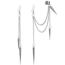 ANDPAI Unique Lightweight Black Silver Punk Long Tassel Chain Ear Cuff Earrings 316L Stainless Steel Vintage Barrel Nails Crawler Climer Dangle Drop Stud Earrings for Men Women Unisex (Silver 4)
