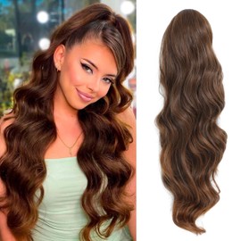 Ms Taj Ponytail Extensions, 66 cm with Drawstring, Light Reddish Brown, Curly Wavy Clip-In Ponytail Hair Extensions, Layered Synthetic Hairpiece for Women