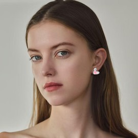 Kokoma Pink Heart Earrings 925 Sterling Silver Post Love Heart Stud Earrings Small Statement Studs Hypoallergenic Fashion Ear Jewelry Birthday for Women