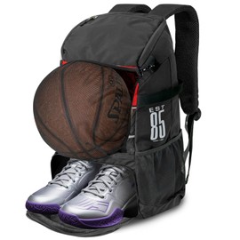 KINGSLONG Basketball Backpack Football Bag: Large Capacity Softball Bag with Shoe Compartment and Fence Hook Lightweight Volleyball Softball Equipment for Helmets Hats Shoes for Boys Men Red and Black