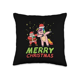 Girls Christmas Decor Xmas Pajamas PJs Gifts Merry Christmas Dabbing Unicorn and Santa Toddler Girls Xmas Throw Pillow, 16x16, Multicolor