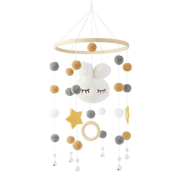 Baby Crib Mobile, Baby Mobile Crib Bunny Mobile, Wind Chime Felt Ball Made of Bamboo, Newborn Nursery Hanging Bed Bell Wood Ornament Infant Room Decoration Gift