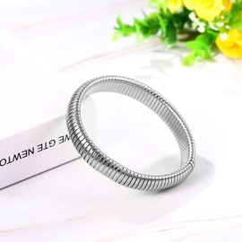 Rofusn Stretch Silver Bangle Bracelet for Women: Elastic Stainless Steel Chunky Cuff Bracelet Valentines Wedding Jewelry Gifts-12mm