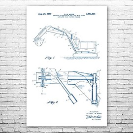 Backhoe Excavator Poster Print, Industrial Decor, Contractor Gift, Construction Art, Construction Worker, Foreman Gift Blue & White (20 inch x 30 inch)