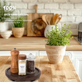 Round Decorative Tray Wood Bathroom Counter Organizer Farmhouse Kitchen Decor Wooden Riser for Soap Dish, Perfume, Candle, Sponge, 8" - Walnut