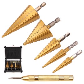 LYCXAMES HSS Step Drill, 6 Pieces Spiral Groove Step Drill Bit Set, 5-Piece Taper Drill Bit (4-12 mm/3-13 mm/4-20 mm/4-32 mm/5-35 mm) and 1 Automatic Central Stamp 13 cm, Titanium-Coated Professional