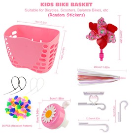 Oumers Kids Bike Basket and Bell Set -Children's Bicycle Decoration Kit with Basket, Spoke Beads, Bell, and Windmill(Random sticker style)