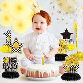 Outus 9 Pcs One Happy Dude Honeycomb Centerpiece One Happy Dude 1st Birthday Party Decoration Set Smile Face Table Toppers Centerpieces Party Supplies for Wedding Baby Shower Birthday Party Home Decor