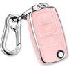 QBUC for VW Key Fob Cover with Keychain Silver Trim Soft TPU Compatible with Volkswagen Jetta Beetle Santana Scirocco Eos Tiguan Touran Polo MK5 Passat Golf GTI MK6(Pink)