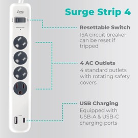 KMC 4-Outlet Surge Protector Power Strip, 1 USB-A & 1 USB-C Port, Power Strip Surge Protector, 840J Surge Protection, 5ft Extension Cord, 3-Prong Low-Profile Flat Plug, UL/ETL Certified, White