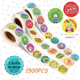 1500PCS Motivational Reward Stickers for Kids, Cute Cartoon Animals Praise Stickers in 24 Designs, Teacher Supplies for School Classroom, Students Kids Reward Stickers (3 Rolls)