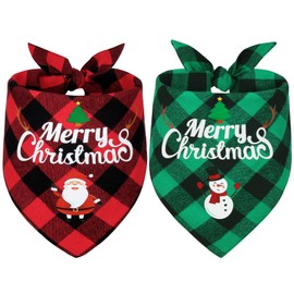 Vivifying Christmas Dog Bandanas, 2 Pack Classic Plaid Triangle Dog Scarf with Santa and Snowman Print, Holiday Dog Christmas Costume for Small Medium Large Dogs (Green&Red)
