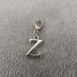 Pemby Studio Initial CAPITAL LETTER Z Charm Zipper Pull Keychain Add On Clip Silver Tone