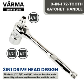 VÄRMA 3in1 Ratchet Wrench – 1/2", 3/8", 1/4" Drive | 72-Tooth Reversible Ratchet Handle | CR-V Steel, 8-Inch (200mm) | High-Torque, 5° Swing Arc, CR-V Steel for Automotive & Mechanical Use