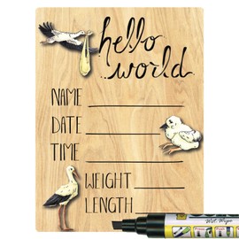 Cohas Hello World Newborn Baby Announcement Printed Wood Sign with Stork Theme, 5 by 7 Inches, Black Marker