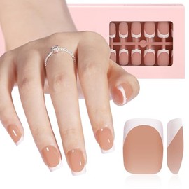 AILLSA Uñas Francesas De Gel, 180 Piezas Cortas De Punta Francesa, Color Marrón, Con Imprimación Y Capa Base Preaplicadas, Sin Necesidad De Lima, Uñas