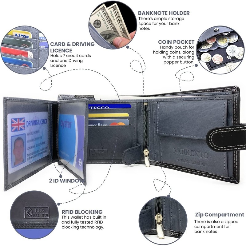 MOIRENTO®, Grey Black Wallet, RFID Blocking, Real Leather Mens, with