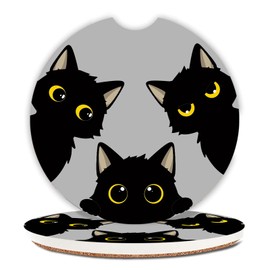 Cute Black Cats Ceramic Cup Holders Car Coasters Set for Women/Men,Drink Cup Car Holder Coasters with A Finger Notch 2.56" Pack of 2.