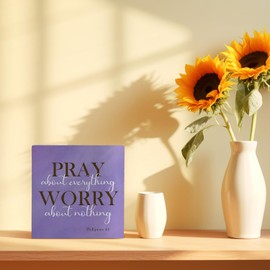 FHUGX Christian Wood Box Sign 5×5 Inches, Pray About Everything Worry About Nothing Bible Verse Religious Purple Wood Sign for Home Office Desk Tabletop Shelf Decor