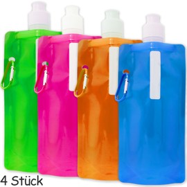 Outdoor SAXX® - 4 x foldable space saving drinking bottle with carabiner; bicycle backpack hiking festival aircraft; foldable coloured 500 ml, set of 4
