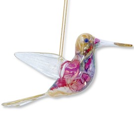Hummingbird Ornament – Hand Blown Egyptian Glass Fire Painted Marbled Design, Pink