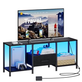 JARHETUN TV Stand with LED Lights, Entertainment Center with Open Shelves and Fabric Drawer, Media Console for 55 Inch TV, Television Stands for Living Room, Bedroom, Black