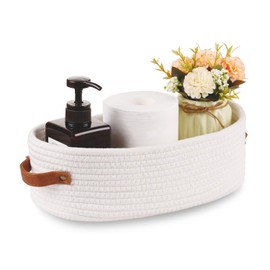 Oradrem - Cesta de almacenamiento tejida para inodoro, decoración del hogar, cestas organizadoras para baño, mesa y mostrador, 13 x 5.9 x 4 pulgadas, color blanco