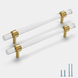 Evionlin 4 pcs 6-1/4 in Acrylic Cabinet Handle, Brass Base, Crystal Pull, Gold Kitchen Vanity Drawer, Transparent Single Grain Modern Drawer Handles