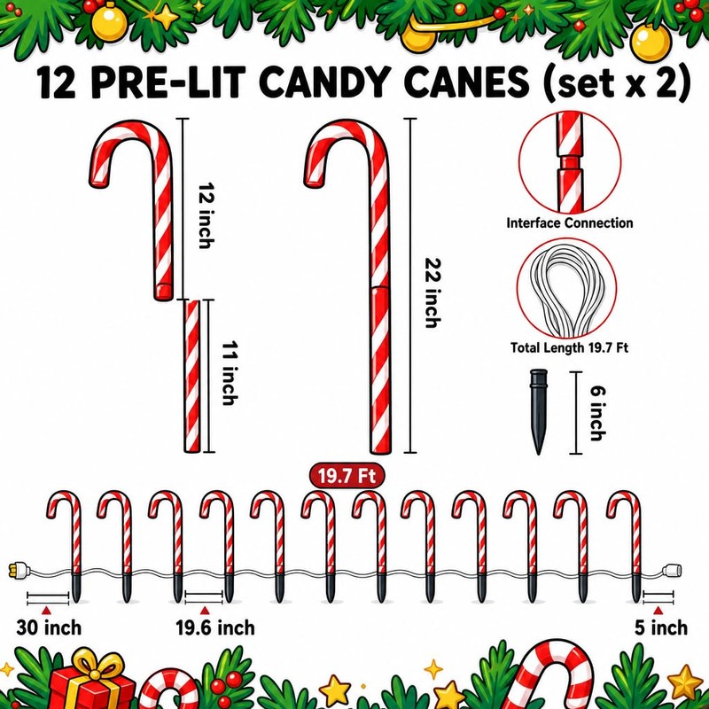 GLUUFLOWER 24 Pack Solar-Powered 22'' Christmas Candy Cane Lights, Waterproof