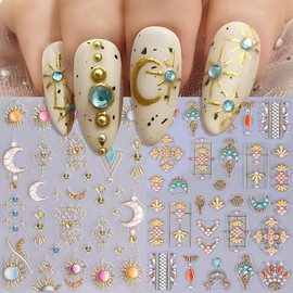IDDFEVE Embossed Bohemian Nail Art Stickers - Gold Boho Moon & Sun Self-Adhesive 5D Nail Decals for DIY Celestial Astrology Manicure (2 Sheets)