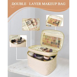 Loyzcy Makeup Bag Organiser for Women, Large Double Layer Cosmetic Make Up Bag with Brush Compartment, Portable and Water-Resistant Toiletry Bag Travel Essentials, White, Off White, Dual-layer Design