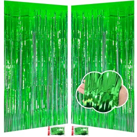 Green Streamers Backdrop Party Decorations 3.3x8.2ft, 2 Pack Fringe Backdrop Foil Fringe Curtain for Door Supplies, Green Tinsel Backdrop for St Patrick's Day Football Christmas Jungle Birthday Decor
