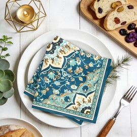Teal Boho Floral Print Cloth Napkins Set of 4, 18x18 Inch Soft Absorbent Washable Reusable Cloth Napkins, Boho Gifts for Bohemian Lovers, Wedding, Bridal Shower, Dinner Party & Table Decor