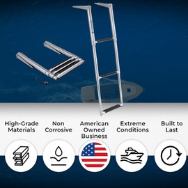 White Water - Telescoping 4-Step Over Platform Drop Ladder - 304 Stainless Steel Heavy Duty Folding Marine Boarding Ladder w/Bungee Strap for Boats, Swim Platforms, Yachts, RVs, Docks - B00351R