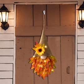 Fall Decor, Small Fall Garland Gnome with Maple Leaves and LED String Lights, Thanksgiving Decorations, Unique Gnome Fall Wreath for Front Door