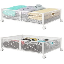 PHINOX Under Bed Storage with wheels, Under the Bed Storage Containers,Upgrade Crossed Iron Wire, Metal Rolling Underbed Storage Containers for Bedroom Clothes Shoes Blankets-2 Pack,White