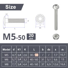 Wavanta M5 Coach Bolts, M5 x 50mm Carriage Bolts with Flange Hexagon Nuts, Zinc Plated, Carbon Steel, Coach Screws, Pack of 20