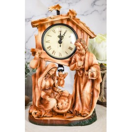 Ebros Rustic Vintage Holy Family Nativity of Jesus Desk Table Clock Christian Inspirational Accent Mary Joseph and Infant Jesus in Manger Christmas Decor Figurine in Hand Painted Faux Wood Finish