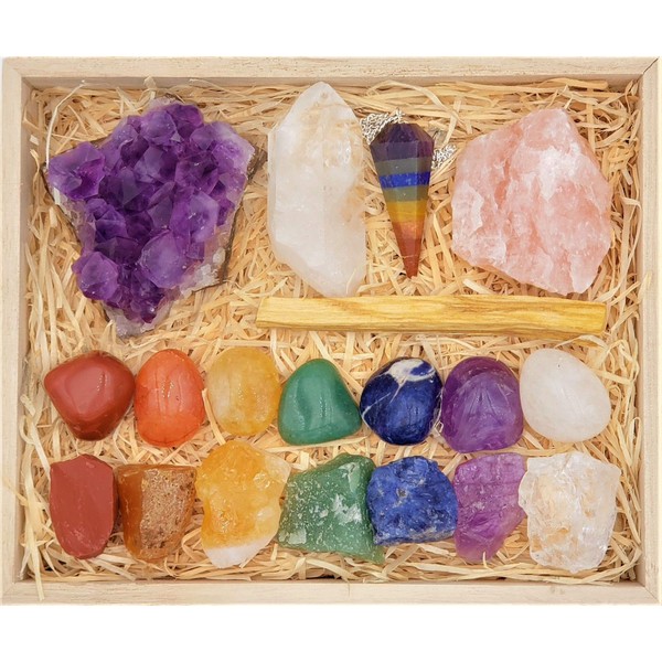 ZATNY Deluxe Healing Crystals in Wooden Box - 7 Chakra Set Tumbled & Raw Stones, Rose Quartz, Amethyst Cluster, Crystal Points, Chakra Pendulum, 82 Page E-Book + Reference Guide Poster, Ribbon Bow