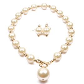 Thkmeet Simple Elegant Faux Pearl Choker Pendant Necklace Earrings Set (Beige White)