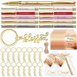 Spakon 75 Sets Church Gift Bulk for Mothers Day Blessed Bible Verse Ballpoint Pens Keychain Christian Cross Happy Mother's Day Tag