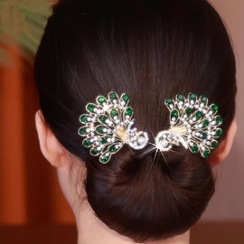 Wire Bun Makers for Women's Hair: Peacock Shape Hair Bun Maker for Long Hair, Shining Green Rhinestone Ball Hair Clip, Elegant Hairstyle Hair Bun Roller, Lazy Hair Curler Bun Maker, Hair Accessories