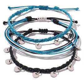 FANCY SHINY String Ankle Bracelets Waterproof Rope Anklets Braided Beach Boho Coin Anklets Cute Friendship Foot Jewelry for Women Teen Girls(Blue&Black)