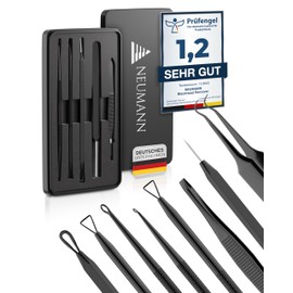 NEUMANN® Blackhead Remover Set (Stainless Steel) for Removing Pimples, Blackheads etc. - Comedone Squeezer, Lifter, Remover - Various Tools: Loops, Tweezers, Lancet [Black]